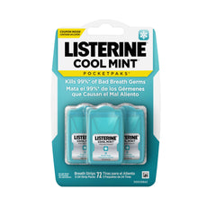 Three pack of Listerine Cool Mint Breath Strips pocketpaks in teal packaging kills 99 percent of bad breath germs