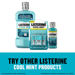 Three Listerine products including Listerine Cool Mint Breath Strips with full size mouthwash and travel bottle for fresh breath