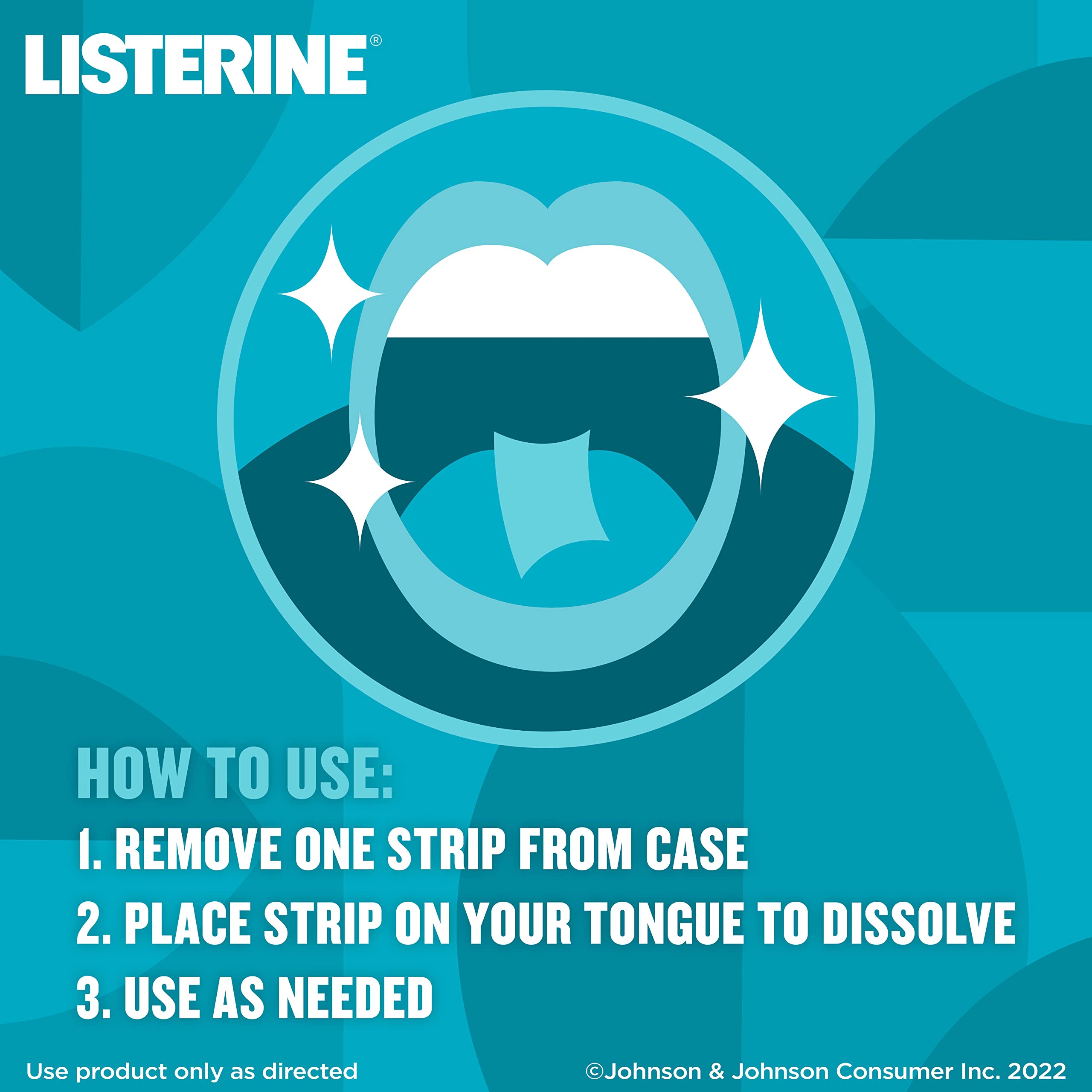 Listerine Cool Mint Breath Strips instructional graphic showing mouth and tongue strip with usage steps