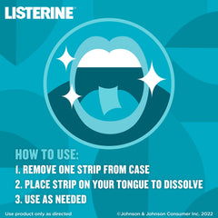 Listerine Cool Mint Breath Strips instructional graphic showing mouth and tongue strip with usage steps