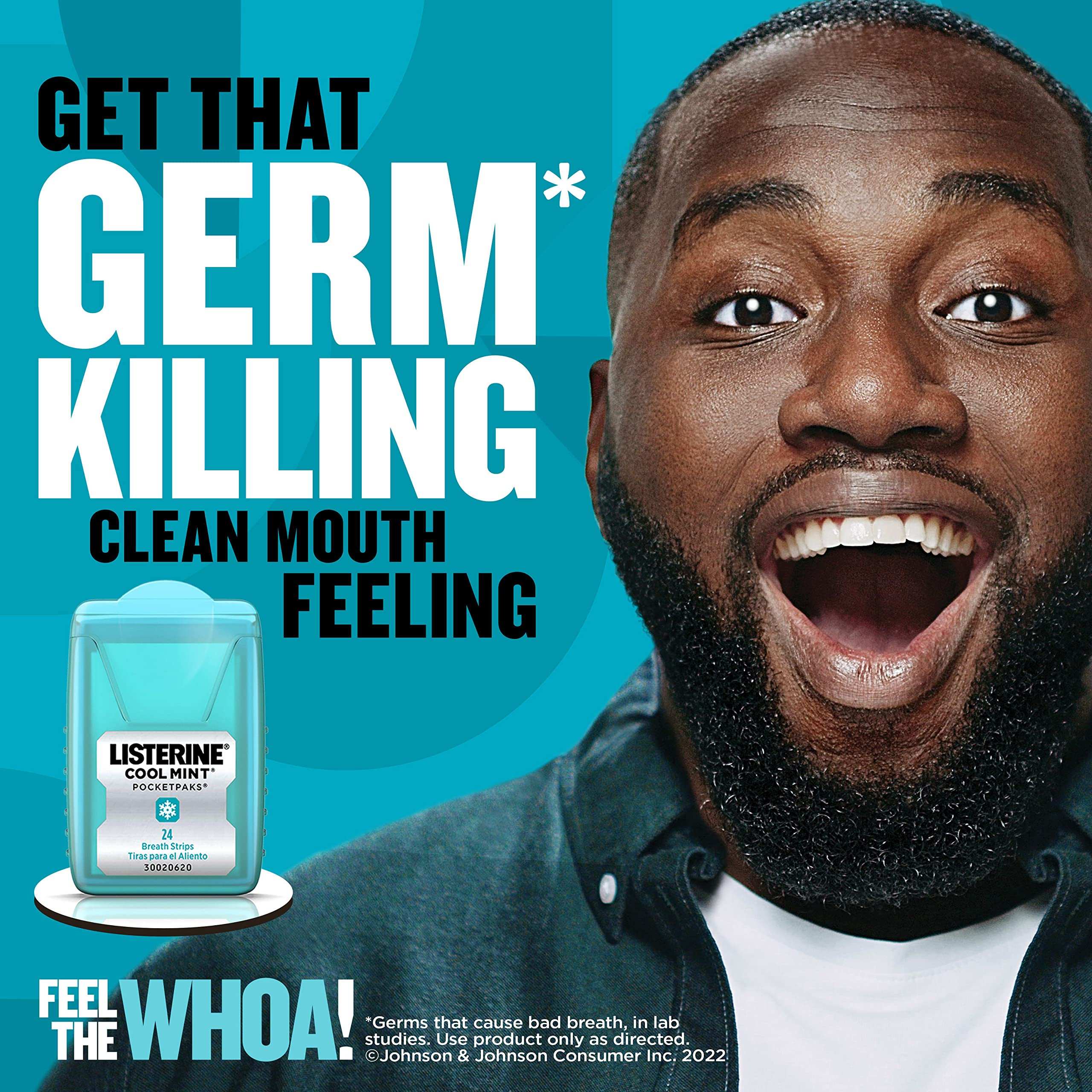 Smiling man with open mouth beside a Listerine Cool Mint Breath Strips pack and germ killing claim