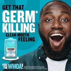 Smiling man with open mouth beside a Listerine Cool Mint Breath Strips pack and germ killing claim