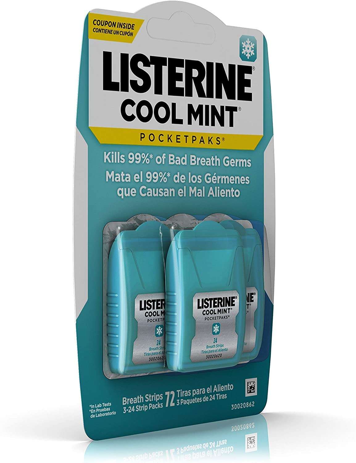 Listerine Cool Mint breath strips PocketPaks pack showing three turquoise cases for fresh breath