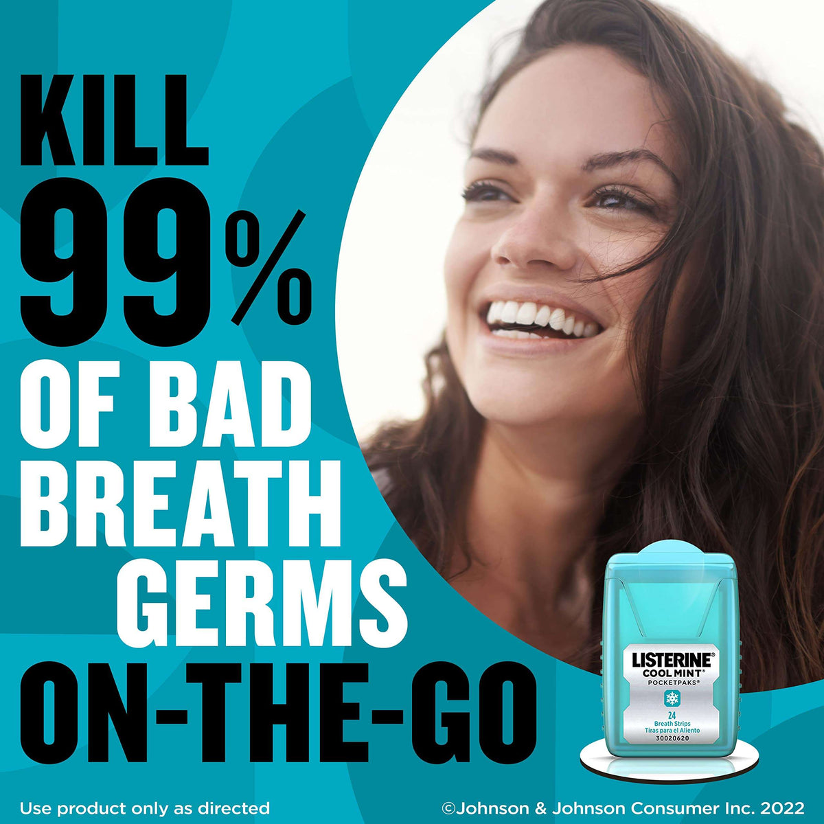 Listerine Cool Mint Breath Strips turquoise travel case with smiling woman and text claiming kill 99 percent of bad breath germs