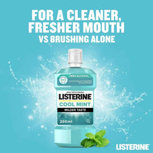 Listerine Cool Mint mouthwash bottle with mint leaves and daily mouthwash label