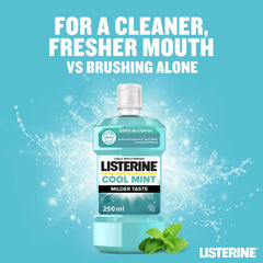 Listerine Cool Mint mouthwash 250ml. Zero alcohol daily mouthwash bottle with mint leaves and splash background