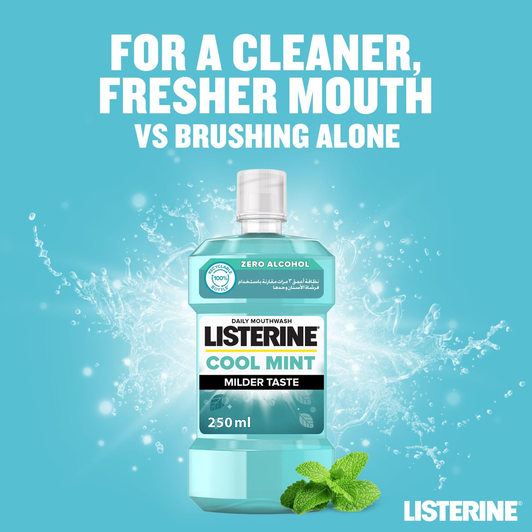 Listerine Cool Mint mouthwash 250ml. Zero alcohol daily mouthwash bottle with mint leaves and splash background