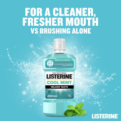 Listerine Cool Mint mouthwash 250ml. Zero alcohol daily mouthwash bottle with mint leaves and splash background
