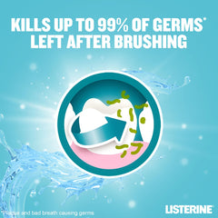 Listerine Cool Mint mouthwash 250ml graphic showing tooth with germs being removed and kills up to 99 percent