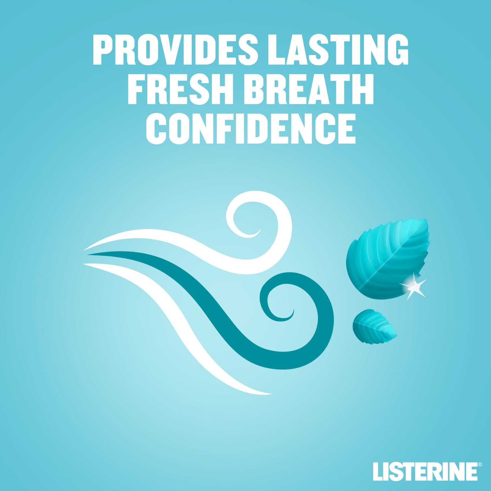 Mint leaves and breeze swirls with Listerine logo saying lasting fresh breath confidence Listerine Cool Mint mouthwash 250ml.