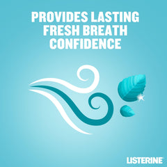 Mint leaves and breeze swirls with Listerine logo saying lasting fresh breath confidence Listerine Cool Mint mouthwash 250ml.