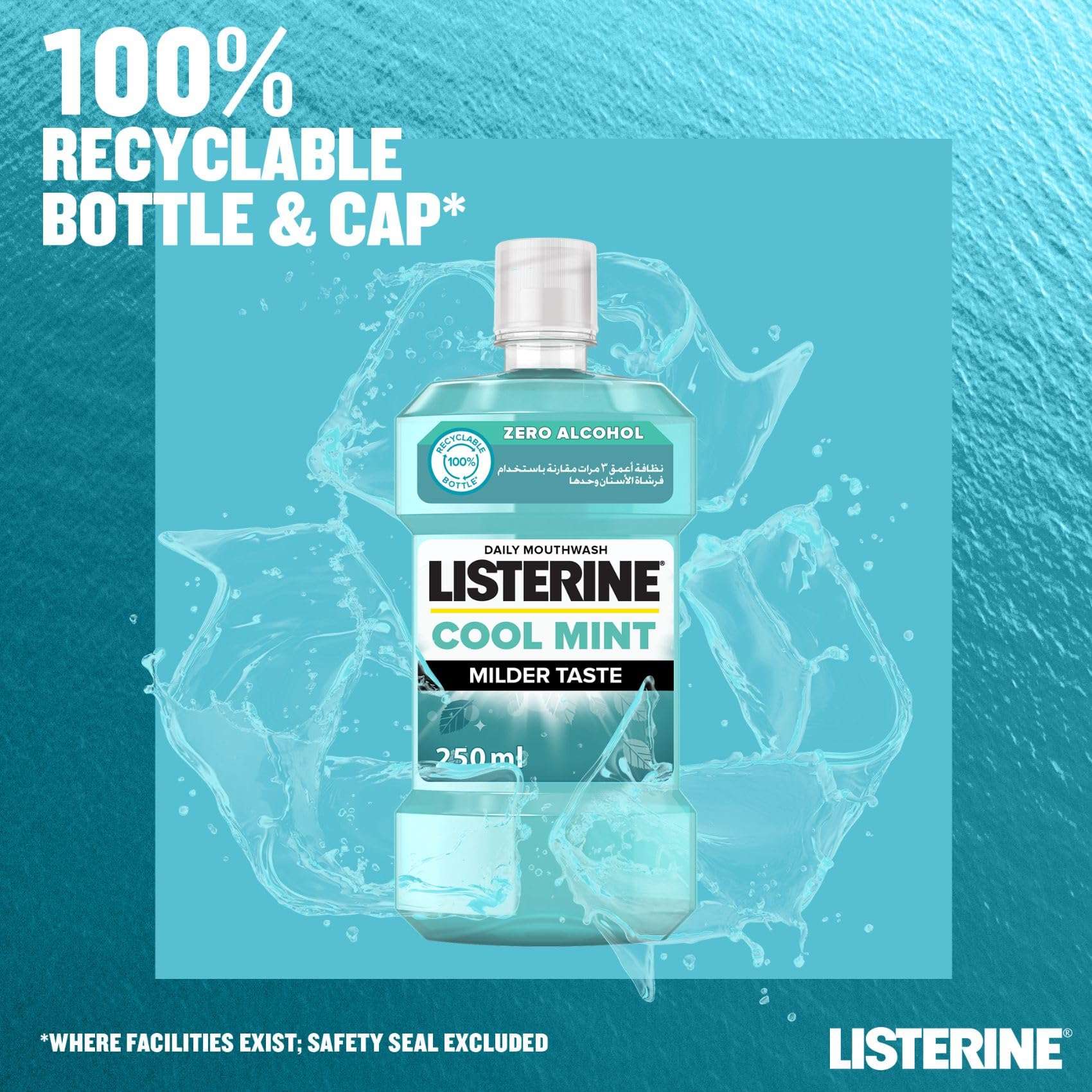 Bottle of Listerine Cool Mint mouthwash 250ml. Zero alcohol daily mouthwash with recyclable bottle