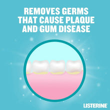 Mouthwash germ-kill graphic with teeth illustration in a teal circle