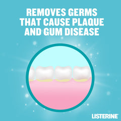 Listerine Cool Mint mouthwash 250ml image of teeth and gums with plaque and text removes germs that cause plaque and gum disease