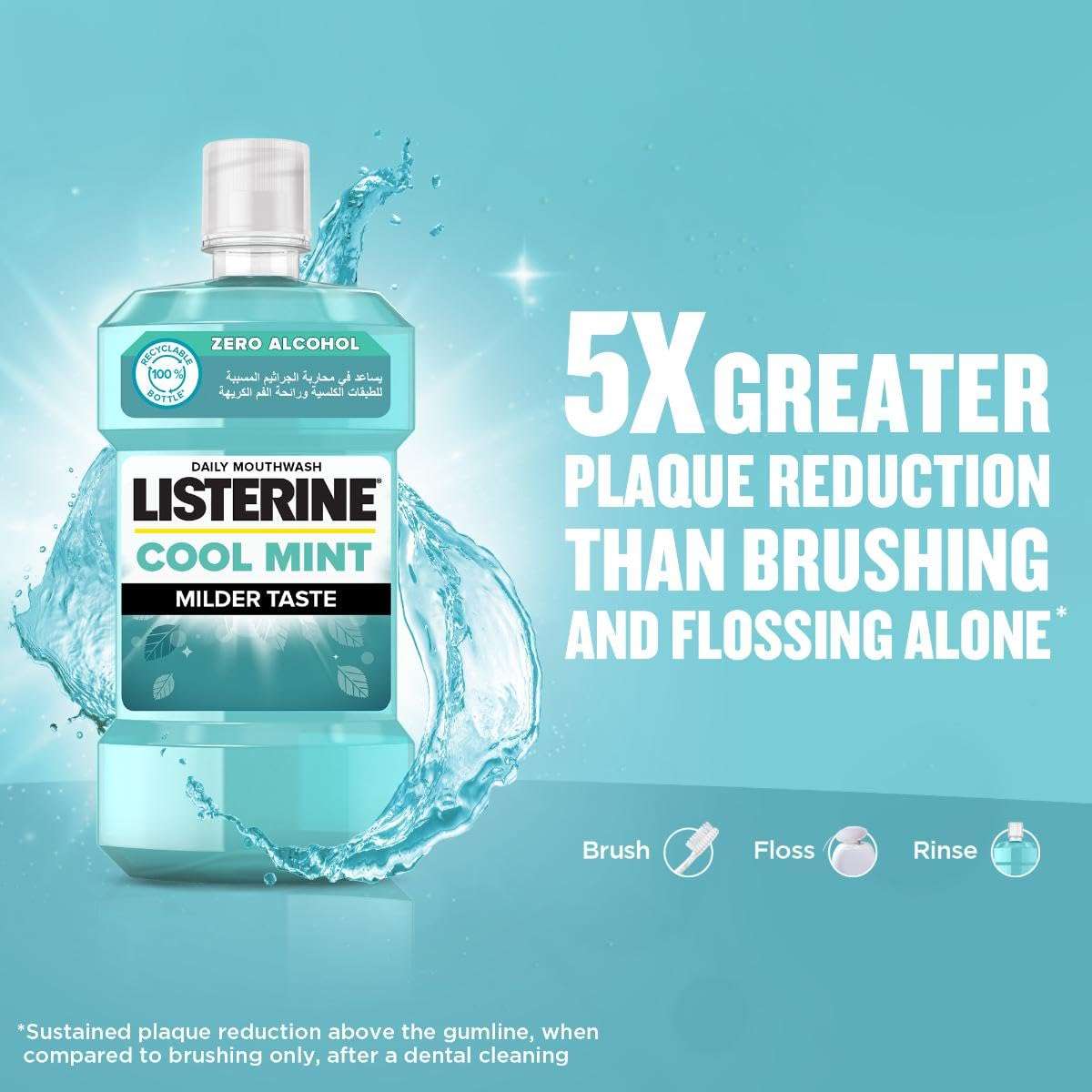 Bottle of Listerine Cool Mint mouthwash with splash background and 5X greater plaque reduction claim