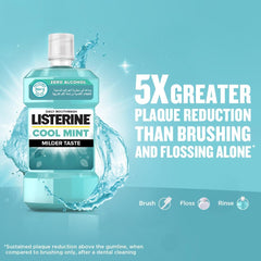 Listerine Cool Mint mouthwash bottle with zero alcohol teal label and splash promoting five times plaque reduction