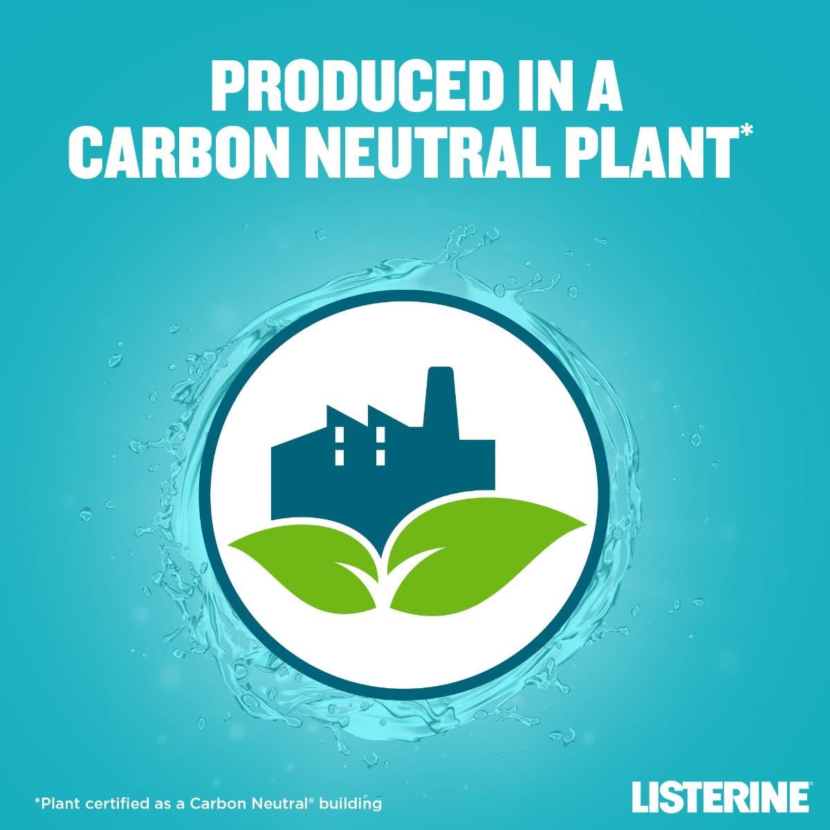 Listerine Cool Mint mouthwash 500ml badge showing Produced in a Carbon Neutral Plant with factory and leaves icon