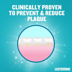 Listerine Cool Mint mouthwash 500ml ad showing teeth and gums illustration with claim clinically proven to reduce plaque