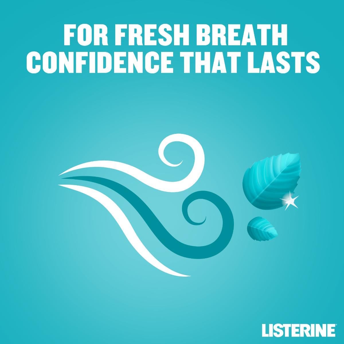 Listerine Cool Mint mouthwash 500ml promotional graphic teal background mint leaves fresh breath swirls Listerine logo