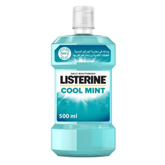 Listerine Cool Mint mouthwash 500ml bottle with measuring cap and teal label for daily fresh breath
