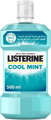 Bottle of Listerine Cool Mint mouthwash 500ml. Turquoise daily mouthwash bottle with measuring cap