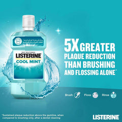 Bottle of Listerine Cool Mint mouthwash 500ml with mint colored splash and 5X greater plaque reduction claim