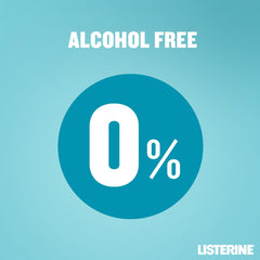 Listerine Cool Mint mouthwash alcohol free 0 percent teal badge graphic with Listerine logo on light blue background