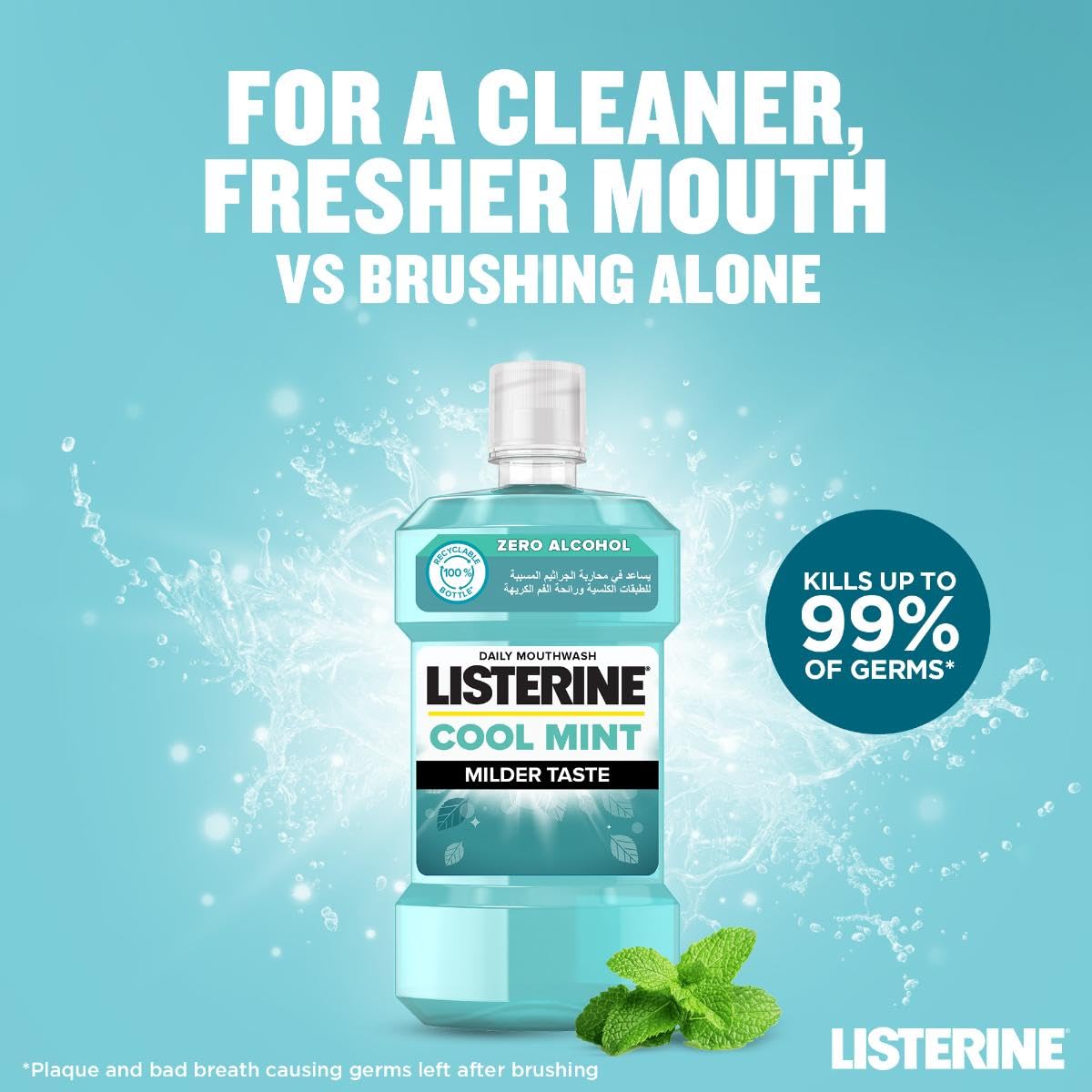 Bottle of Listerine Cool Mint mouthwash with mint leaves and splash on blue background, kills up to 99 percent of germs