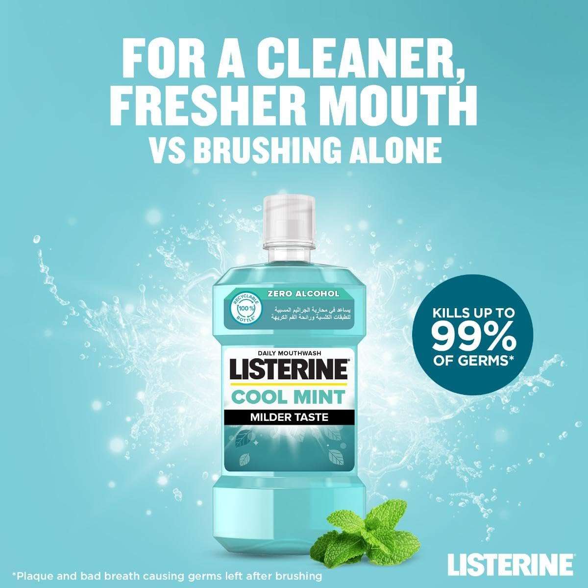 Bottle of Listerine Cool Mint mouthwash on teal background with mint leaves splash and kills up to 99 percent of germs claim