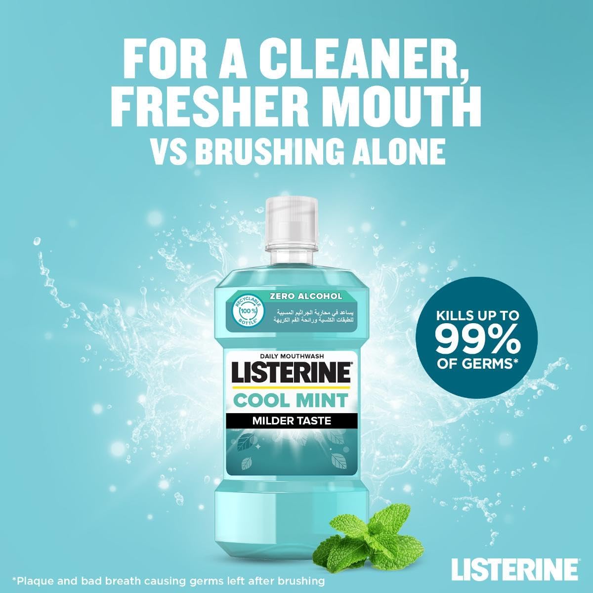 Bottle of Listerine Cool Mint mouthwash on teal background with mint leaves splash and kills up to 99 percent of germs claim