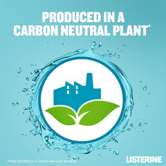 Listerine Cool Mint mouthwash produced in a carbon neutral plant graphic with water splash