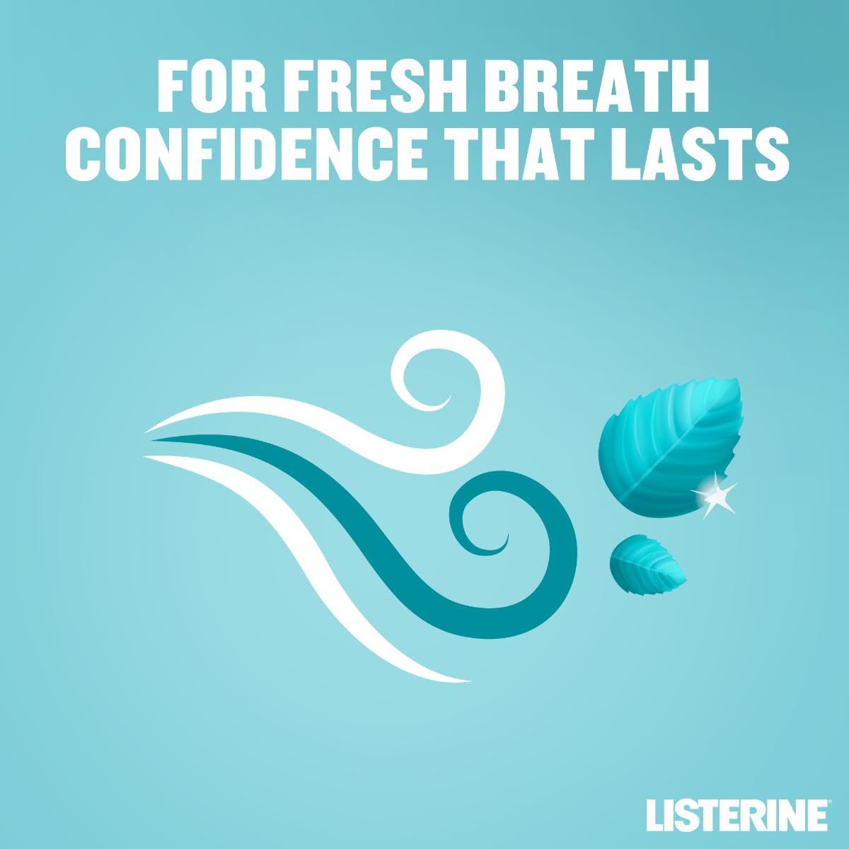 Listerine Cool Mint mouthwash promotional graphic with mint leaves swirls fresh breath text and LISTERINE logo