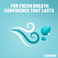Listerine Cool Mint mouthwash promotional graphic with mint leaves swirls fresh breath text and LISTERINE logo