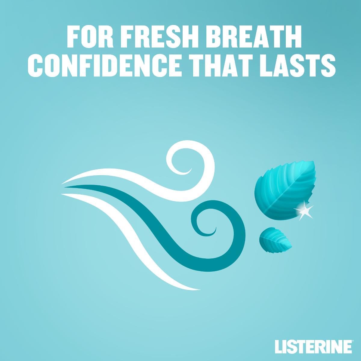 Listerine Cool Mint mouthwash branding image with stylized mint leaves and breath swirls on turquoise background