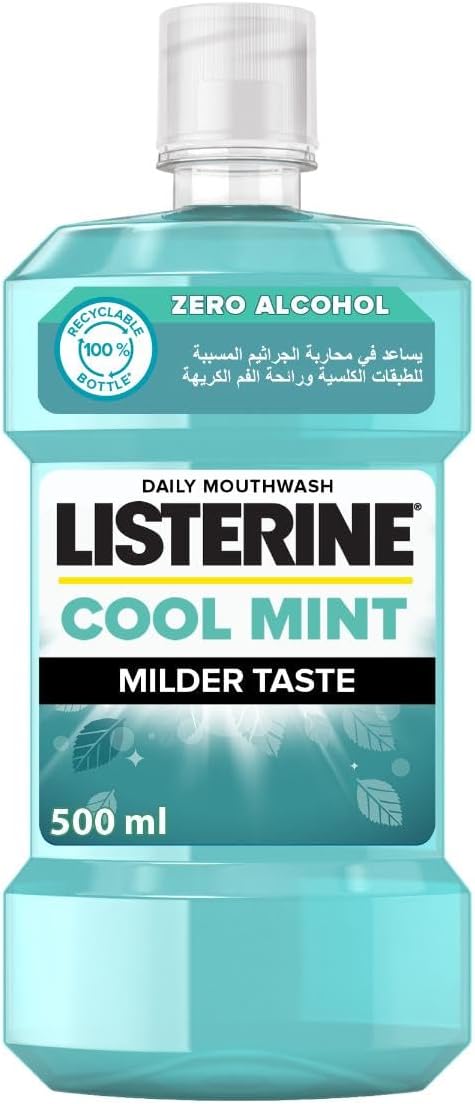 Listerine Cool Mint mouthwash 500 ml bottle daily mouthwash zero alcohol milder taste turquoise bottle