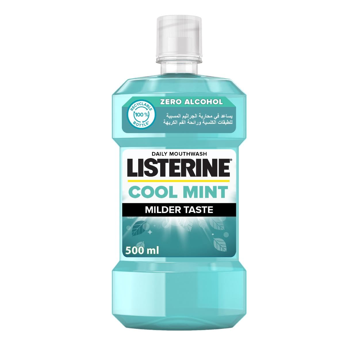 Bottle of Listerine Cool Mint mouthwash 500 ml daily rinse zero alcohol milder taste