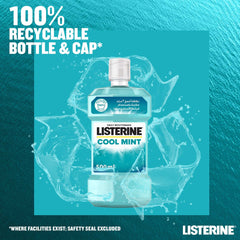 Listerine Cool Mint mouthwash pack. 500 ml bottle with water splash background and 100 percent recyclable bottle and cap