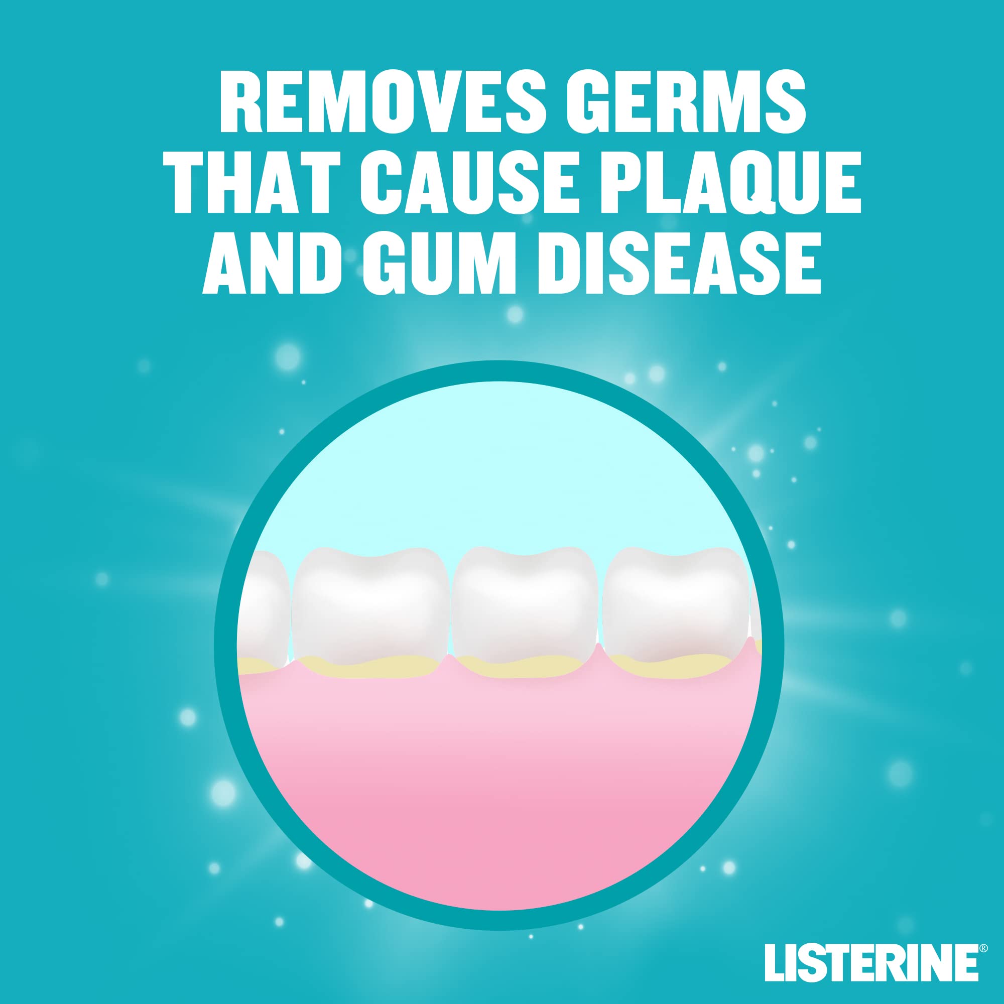 Listerine Cool Mint mouthwash pack graphic showing teeth and gums illustration removing plaque with text about gum disease