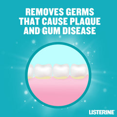 Listerine Cool Mint mouthwash pack graphic showing teeth and gums illustration removing plaque with text about gum disease