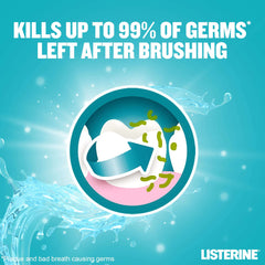 Listerine Cool Mint mouthwash pack ad showing tooth and water splash claiming kills up to 99 percent of germs after brushing