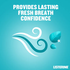 Listerine Cool Mint mouthwash pack promotional graphic showing mint leaves swirls and text about lasting fresh breath confidence