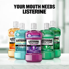 Assorted Listerine bottles on shelf including Listerine Cool Mint mouthwash pack and Total Care variants