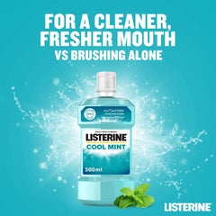 Listerine Cool Mint mouthwash pack 500 ml bottle on turquoise background with mint leaves and splash