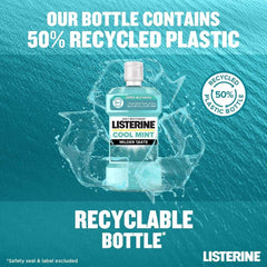 Listerine Cool Mint mouthwash bottle with water splash on teal background promoting 50 percent recycled plastic
