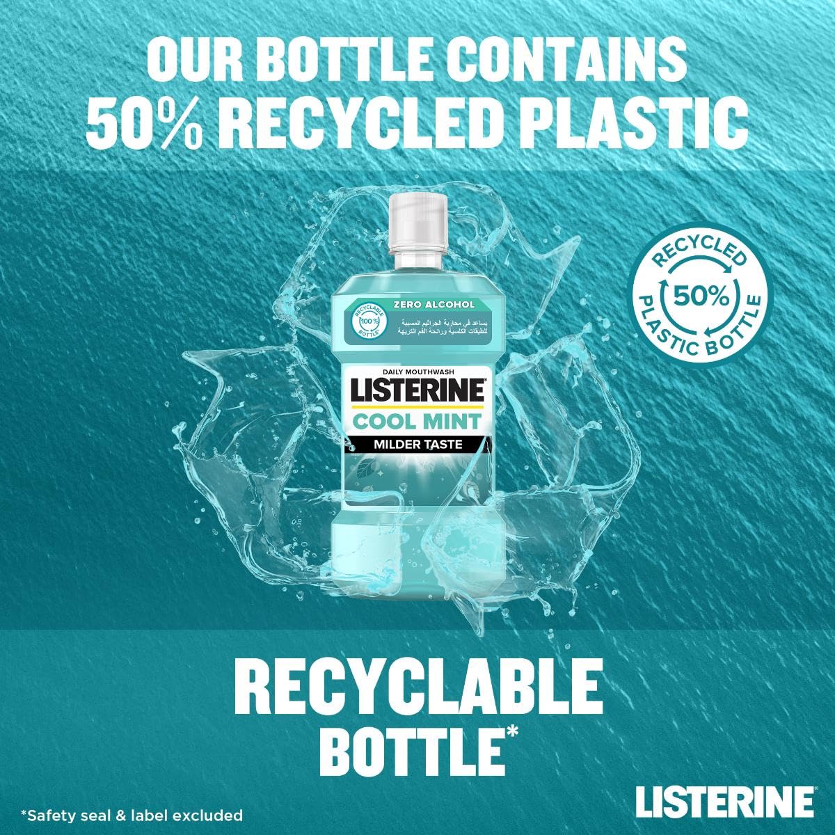 Listerine Cool Mint mouthwash bottle with 50 percent recycled plastic label and water splash background
