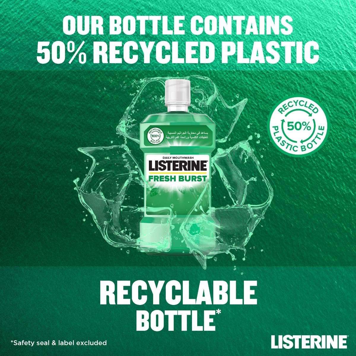 Green Listerine Fresh Burst mouthwash bottle on green background highlighting recyclable bottle and 50 percent recycled plastic