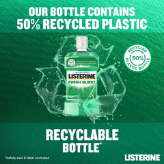 Green Listerine Fresh Burst mouthwash bottle with liquid splash over recyclable bottle made from 50 percent recycled plastic