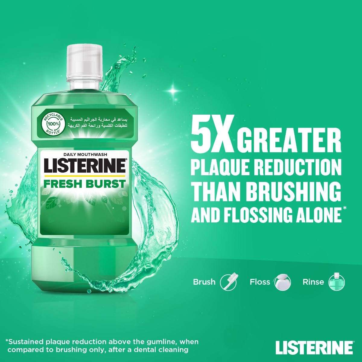 Bottle of Listerine Fresh Burst mouthwash on green background with 5X greater plaque reduction claim