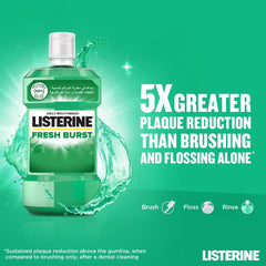 Green bottle of Listerine Fresh Burst mouthwash with splash and five times greater plaque reduction claim