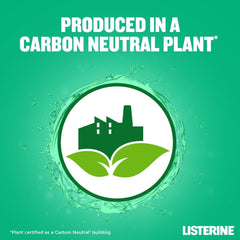 Listerine Fresh Burst mouthwash label showing Produced in a Carbon Neutral Plant text and green factory with leaves icon